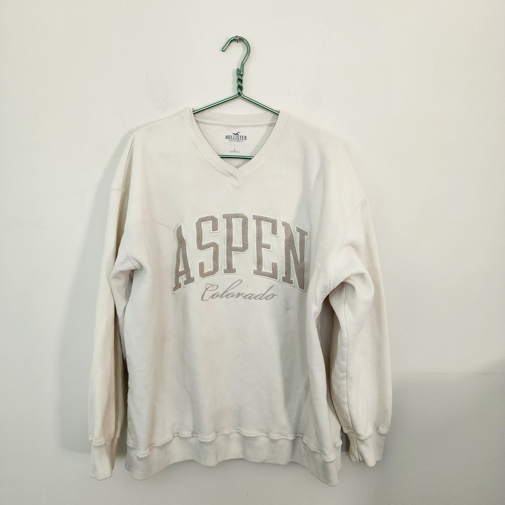 Hollister Aspen Colorado V-Neck Sweatshirt Large Cream Graphic Pullover